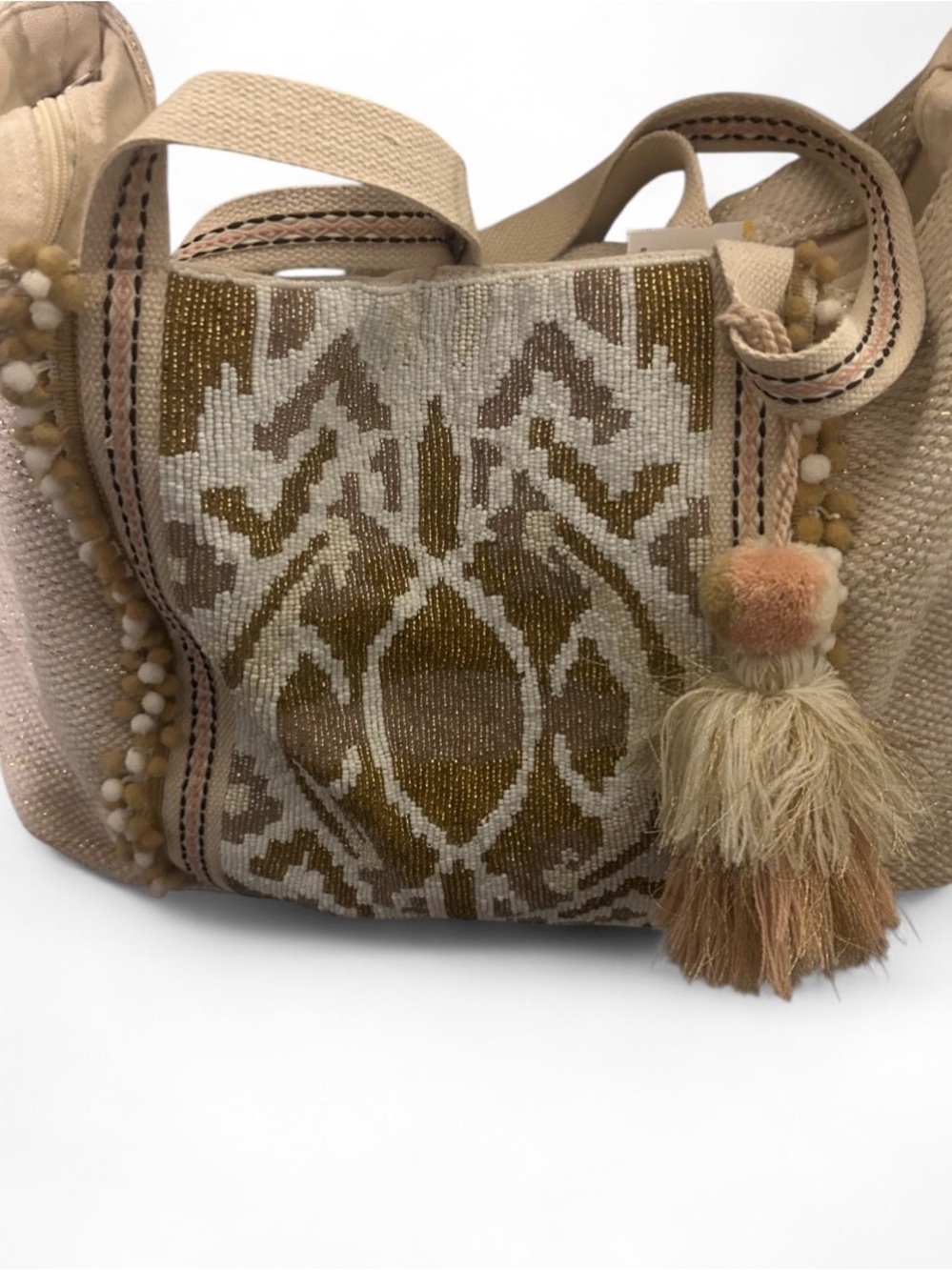 America & Beyond Beaded Ikat Tote Bag Cream Gold Boho Embellished Tassel Purse